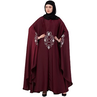 Designer Irani Kaftan with zari embroidery work- Maroon-silver